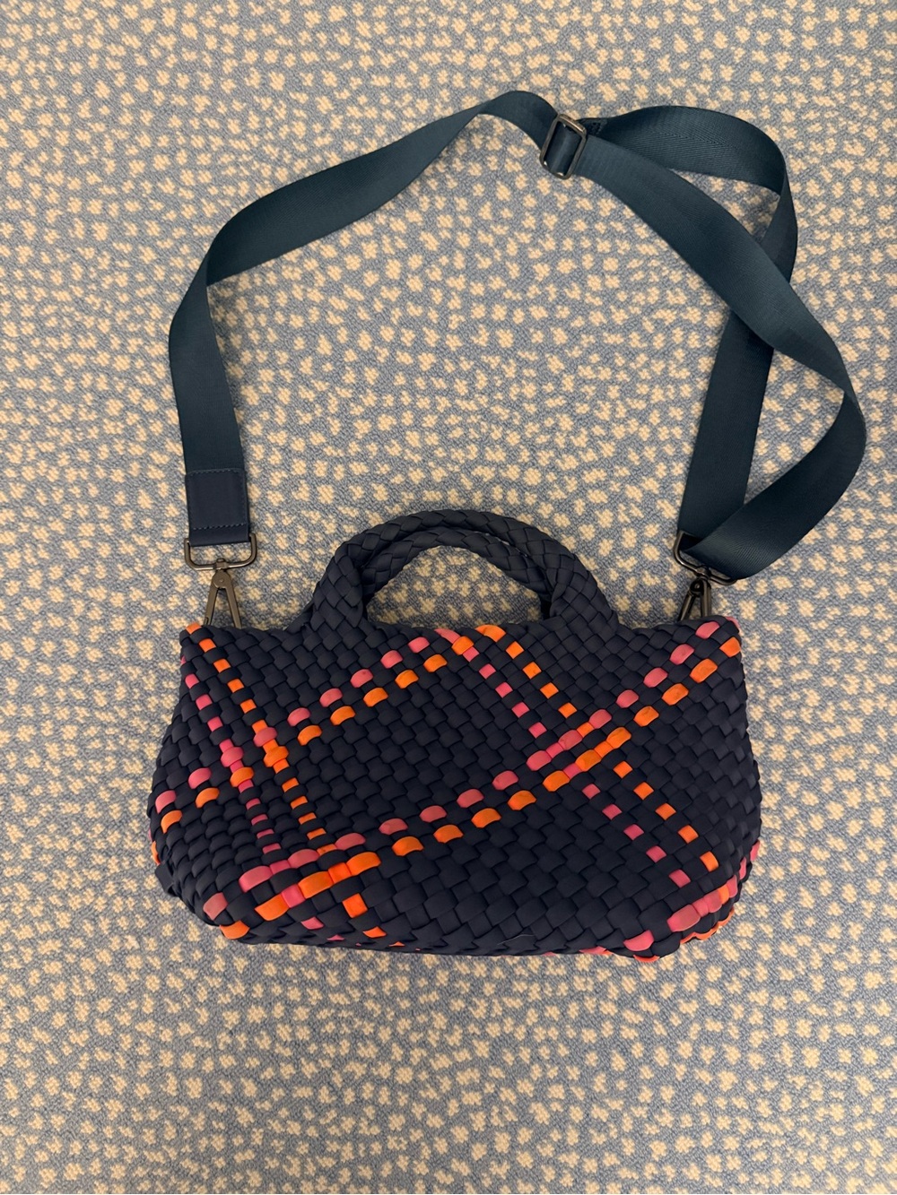 Naghedi Navy Woven Shoulder Bag with Pink & Orange Stripe Detail